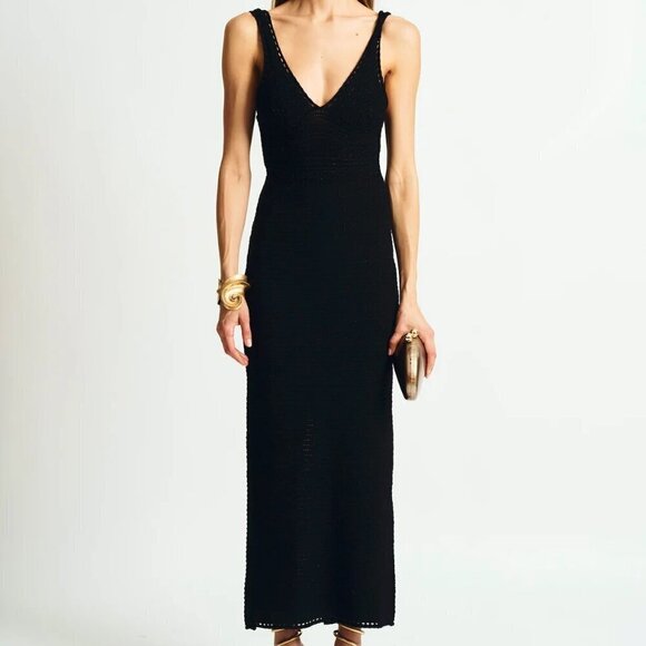 New Torn By Ronny Kobo Madi Crochet Open-Back Black Metallic Maxi Dress - Picture 3 of 7